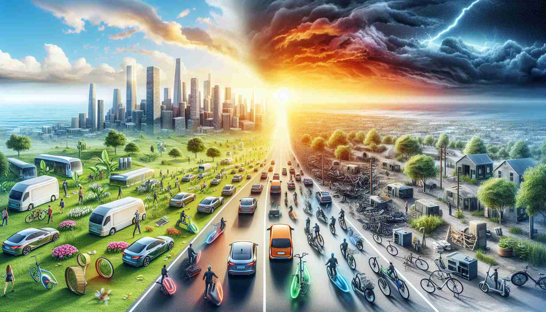 A high-definition, realistic representation of the rise and fall of innovative electric mobility ventures. The image should start with an energetic sunrise symbolizing the birth of new ideas in the realm of electric mobility. In the center, depict thriving enterprises with various electric vehicles: cars, bicycles, scooters, and more. The surrounding environment shows clean, efficient cities with happy people using these vehicles. Toward the end, visualize a descending sunset, denoting the fall or failure of some ventures, with abandoned vehicles and a sense of melancholy.