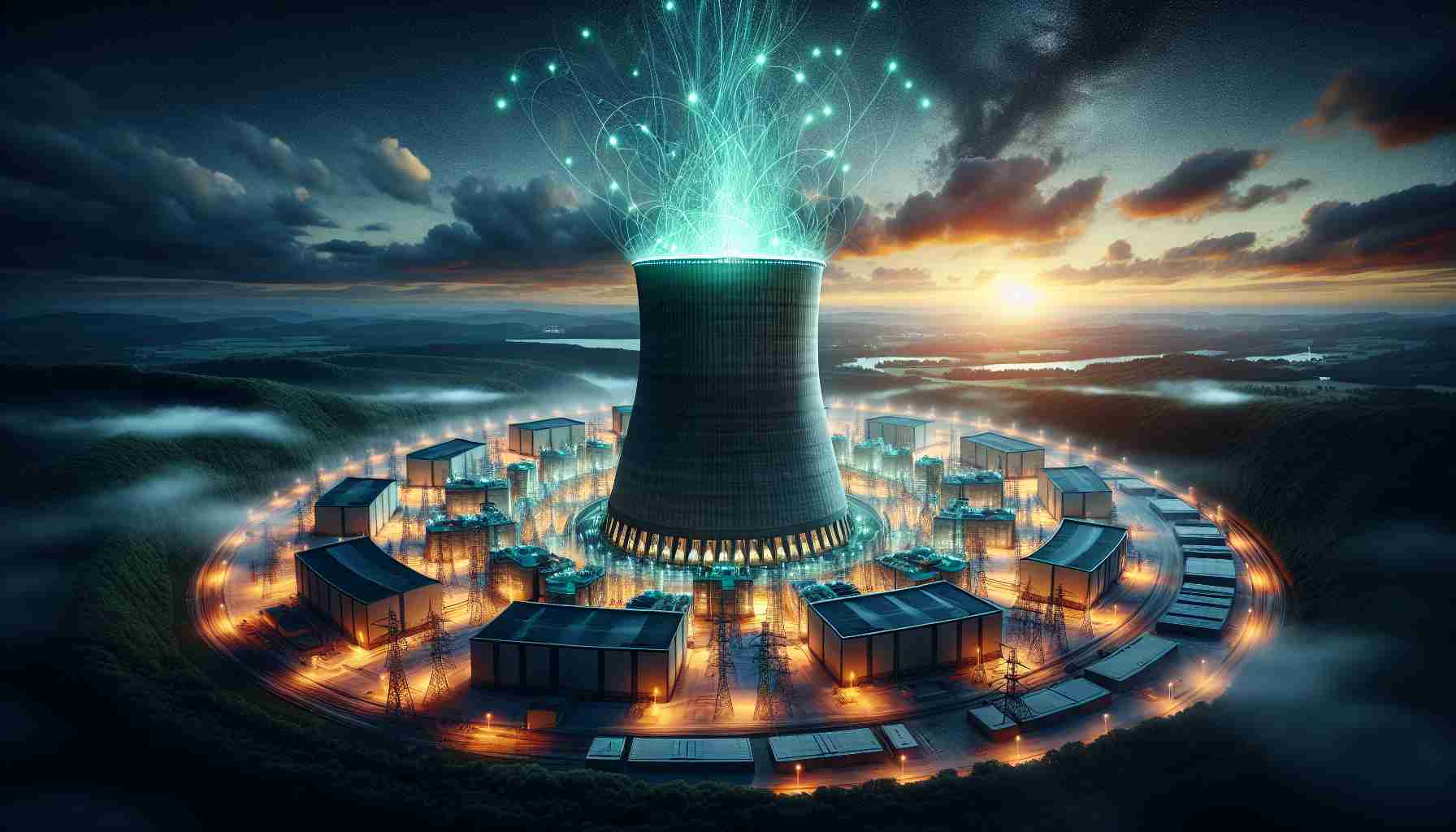 A high-definition, realistic image showing the resurgence of a legendary nuclear power plant, positioned against a dramatic evening sky. The plant is surrounded by a landscape that's vibrant and full of life, symbolizing the energy revolution it has initiated. Bright lights are flickering in and out, casting an ethereal glow on the structural details of the plant. The revolution is characterized by a flux of green energy emanating from the plant, creating a brilliant illustration of sustainable power generation.