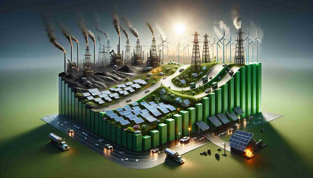 A realistic, high-definition concept illustration visually representing the shifting landscape of energy investments. The image may include traditional energy sources like oil derricks or coal mines slowly fading away or becoming less prominent. Simultaneously, portray newer, sustainable energy sources like solar panels, wind turbines, and electric charging stations emerging and growing in dominance. The entire image can be presented as an investment chart where the green energy trends upward, indicating its booming prospects, while the traditional energy trends downwards, reflecting its decreasing relevance.