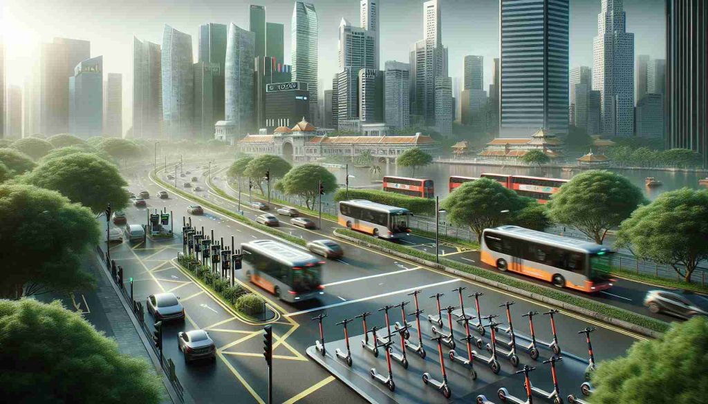 A high-definition, realistic illustration showcasing the new era for urban mobility in Singapore, focusing on the introduction and expansion of Gogoro's energy network. The image captures a bustling cityscape with numerous sleek, modern electric scooters parked at charging stations and zipping across the streets among traditional city transport. Display the well-planned urban infrastructure and the fusion of old and new in Singapore's cityscape.