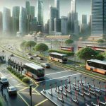 A high-definition, realistic illustration showcasing the new era for urban mobility in Singapore, focusing on the introduction and expansion of Gogoro's energy network. The image captures a bustling cityscape with numerous sleek, modern electric scooters parked at charging stations and zipping across the streets among traditional city transport. Display the well-planned urban infrastructure and the fusion of old and new in Singapore's cityscape.