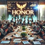 A high-definition realistic image showing the moment of a company named Honor preparing for its Initial Public Offering (IPO). The scene shows diverse group of investors contributing their shares in the company. A large conference room filled with a diversity of investors - South Asian women, Caucasian men, Hispanic and Black business people, all cheerfully discussing the prospects. Highlighted on the backdrop is their company's name - Honor - gleamingly portrayed. The overall atmosphere contains high energy, with charts, financial documents and coffee cups scattered on the table.