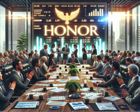 A high-definition realistic image showing the moment of a company named Honor preparing for its Initial Public Offering (IPO). The scene shows diverse group of investors contributing their shares in the company. A large conference room filled with a diversity of investors - South Asian women, Caucasian men, Hispanic and Black business people, all cheerfully discussing the prospects. Highlighted on the backdrop is their company's name - Honor - gleamingly portrayed. The overall atmosphere contains high energy, with charts, financial documents and coffee cups scattered on the table.