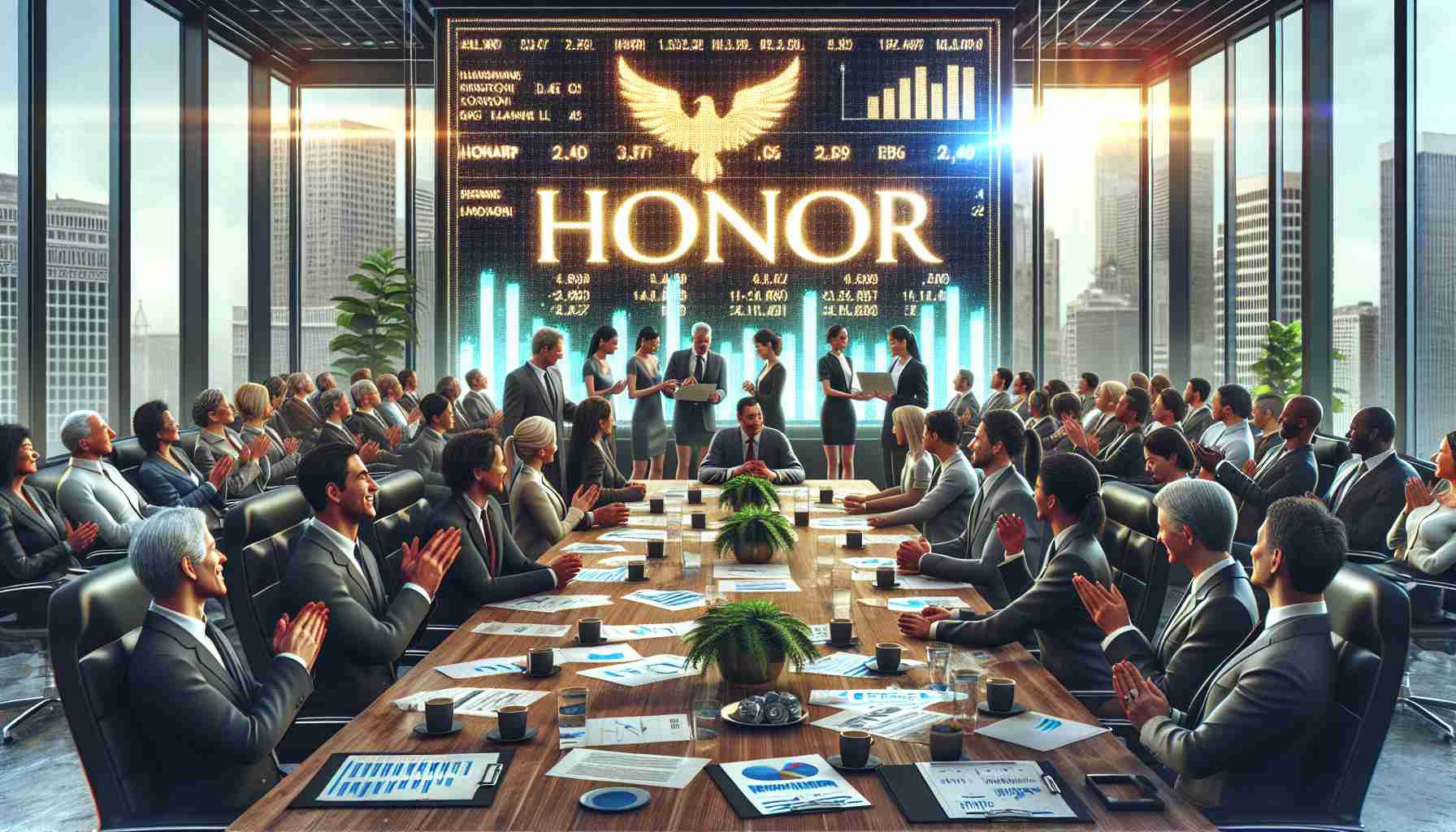 A high-definition realistic image showing the moment of a company named Honor preparing for its Initial Public Offering (IPO). The scene shows diverse group of investors contributing their shares in the company. A large conference room filled with a diversity of investors - South Asian women, Caucasian men, Hispanic and Black business people, all cheerfully discussing the prospects. Highlighted on the backdrop is their company's name - Honor - gleamingly portrayed. The overall atmosphere contains high energy, with charts, financial documents and coffee cups scattered on the table.