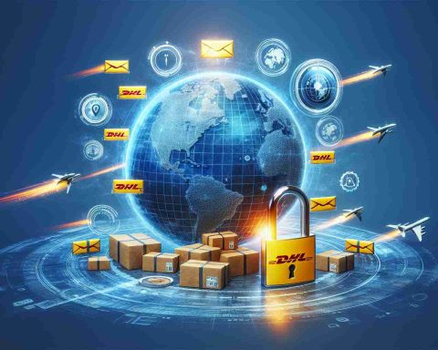 Create a realistic, high definition concept image symbolizing a groundbreaking strategy by a fictional international courier company, similar to DHL. The image may feature icons such as envelopes, a globe, fast forward symbols and possibly a padlock opened, signifying the 'shocking secret' behind their latest innovation.