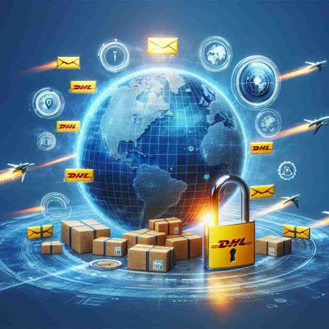 Create a realistic, high definition concept image symbolizing a groundbreaking strategy by a fictional international courier company, similar to DHL. The image may feature icons such as envelopes, a globe, fast forward symbols and possibly a padlock opened, signifying the 'shocking secret' behind their latest innovation.