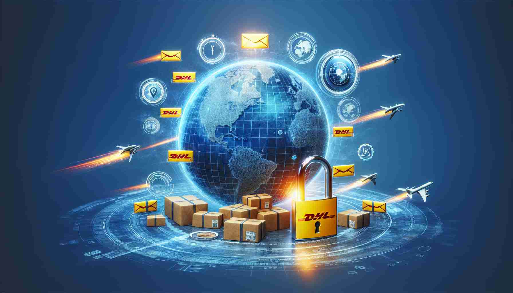 Create a realistic, high definition concept image symbolizing a groundbreaking strategy by a fictional international courier company, similar to DHL. The image may feature icons such as envelopes, a globe, fast forward symbols and possibly a padlock opened, signifying the 'shocking secret' behind their latest innovation.