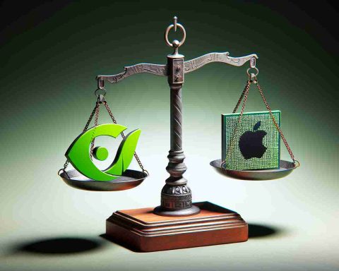 A high-definition, realistic image illustrating a surprising turn of events in the stock market. Display a metaphorical balancing scale where symbolic representations of two major tech companies are in a fluctuating equilibrium. On one side, depict a green emblematic logo, referring to a significant technology firm known for its work in the graphics processing unit (GPU) industry. On the other side, demonstrate an iconic fruit-themed logo, signifying another major technology corporation recognized for its consumer electronics. Please emphasize the green logo tipping the scale, symbolizing a surprising twist in stock market values.