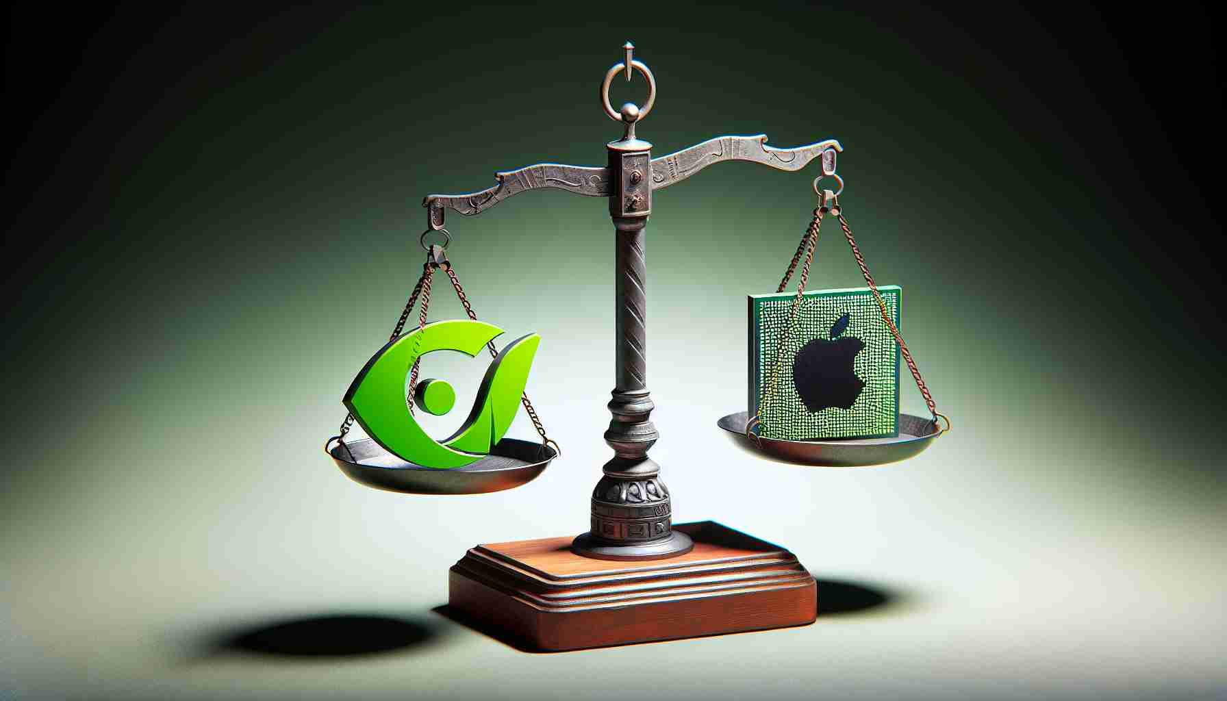 A high-definition, realistic image illustrating a surprising turn of events in the stock market. Display a metaphorical balancing scale where symbolic representations of two major tech companies are in a fluctuating equilibrium. On one side, depict a green emblematic logo, referring to a significant technology firm known for its work in the graphics processing unit (GPU) industry. On the other side, demonstrate an iconic fruit-themed logo, signifying another major technology corporation recognized for its consumer electronics. Please emphasize the green logo tipping the scale, symbolizing a surprising twist in stock market values.