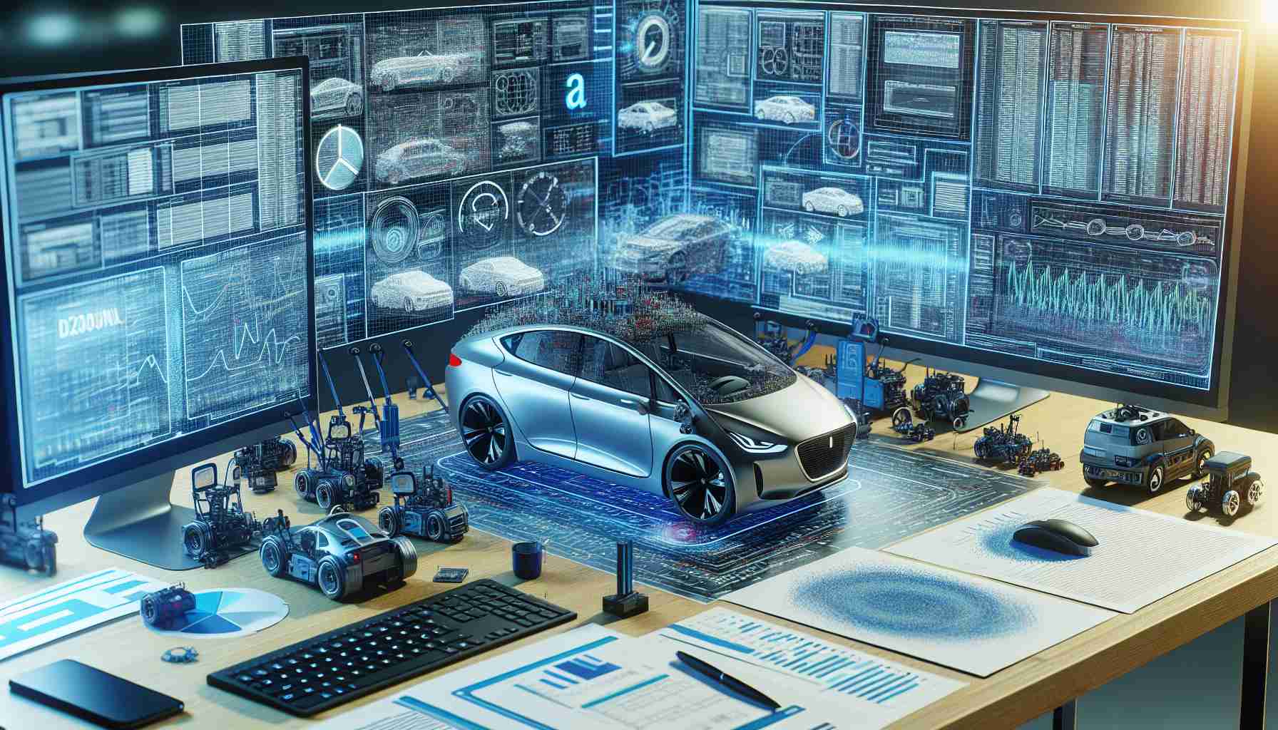 A realistic, high-resolution image showcasing the hypothetical investigation process into the self-driving software of an autonomous electric car company. The scene includes prominent investigative tools, such as detailed reports, data charts, models of self-driving cars, and sprawling algorithms on monitors. It captures the meticulousness and rigor involved in the analysis and testing of autonomous vehicle software technologies.