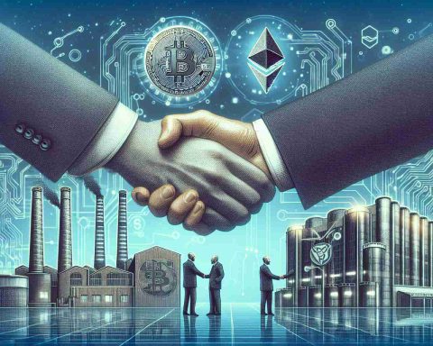 Generate a highly detailed, realistic image representing the abstract concept of a major industrial company securing a transformative deal in the field of cryptocurrency. The scene should include symbolic elements such as industrial buildings signifying the company, symbols of cryptocurrency such as Bitcoin or Ethereum logos, and a firm handshake representing the deal being secured.