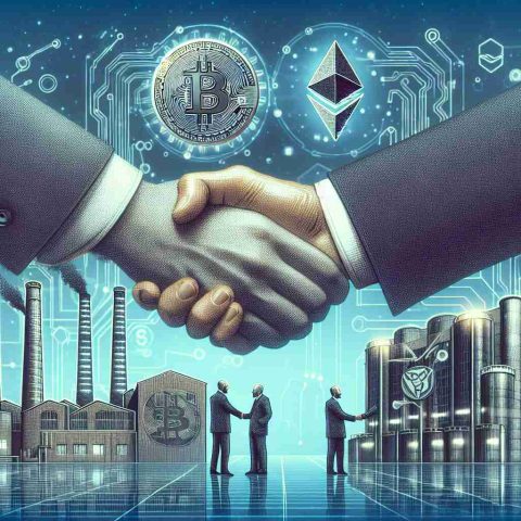 Generate a highly detailed, realistic image representing the abstract concept of a major industrial company securing a transformative deal in the field of cryptocurrency. The scene should include symbolic elements such as industrial buildings signifying the company, symbols of cryptocurrency such as Bitcoin or Ethereum logos, and a firm handshake representing the deal being secured.