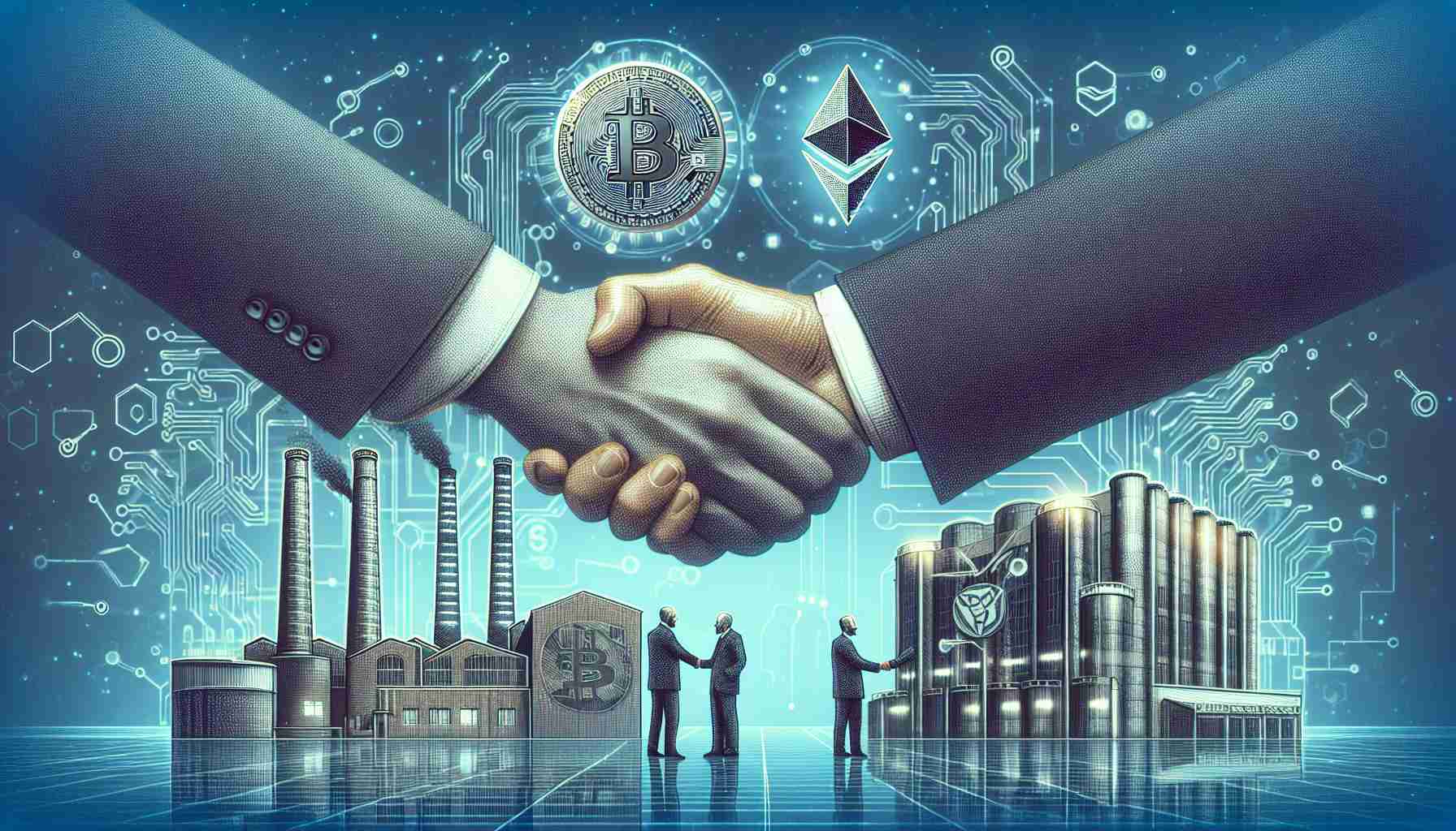 Generate a highly detailed, realistic image representing the abstract concept of a major industrial company securing a transformative deal in the field of cryptocurrency. The scene should include symbolic elements such as industrial buildings signifying the company, symbols of cryptocurrency such as Bitcoin or Ethereum logos, and a firm handshake representing the deal being secured.