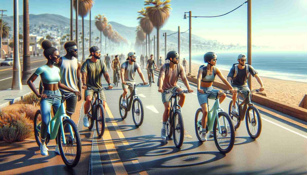 Create a realistic high-definition image reflecting the thriving E-Bike culture in California. The scene includes a sunny beachside path lined with palm trees. Men and women of diverse descents, such as Caucasian, Hispanic, Black, Middle-Eastern, and South Asian, are riding E-Bikes. They are wearing helmets and casual sportswear while enjoying the day out. Some of them are taking a break, conversing with each other, while some are riding steadily. Background scenery may include the clear blue sky and distant views of the coastline.