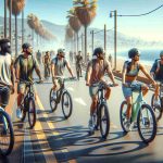 Create a realistic high-definition image reflecting the thriving E-Bike culture in California. The scene includes a sunny beachside path lined with palm trees. Men and women of diverse descents, such as Caucasian, Hispanic, Black, Middle-Eastern, and South Asian, are riding E-Bikes. They are wearing helmets and casual sportswear while enjoying the day out. Some of them are taking a break, conversing with each other, while some are riding steadily. Background scenery may include the clear blue sky and distant views of the coastline.