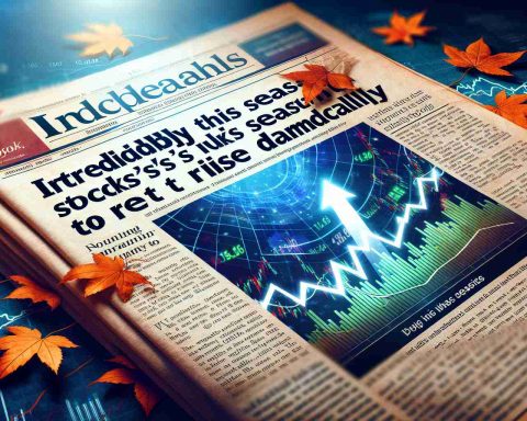 An HD image featuring a sensational headline in a finance-based newspaper or website reading, 'Incredibly, this season's Indian stocks are set to rise dramatically.' The background should be relevant graphics such as rising stock market charts, symbols of the Indian economy, and a touch of autumn to signify the season.