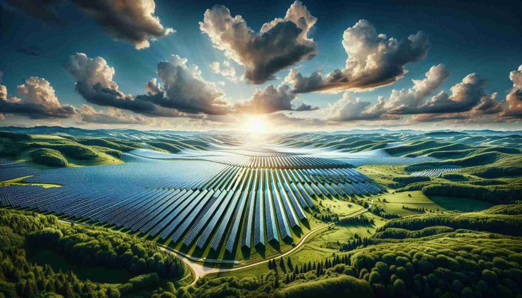 Create a high-definition, realistic image showcasing a grand, new solar energy project situated in the terrains of Romania. The image should highlight the vastness of the solar farm stretching over lush, green fields under a clear, azure sky. The magnitude of the project is such that it radiates the impression of altering the renewable energy landscape. This massive collection of solar panels are a symbol of modern technology aiming to provide green energy, changing the way we perceive and use energy resources.