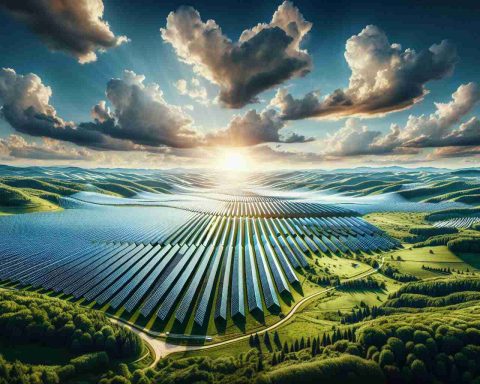 Create a high-definition, realistic image showcasing a grand, new solar energy project situated in the terrains of Romania. The image should highlight the vastness of the solar farm stretching over lush, green fields under a clear, azure sky. The magnitude of the project is such that it radiates the impression of altering the renewable energy landscape. This massive collection of solar panels are a symbol of modern technology aiming to provide green energy, changing the way we perceive and use energy resources.