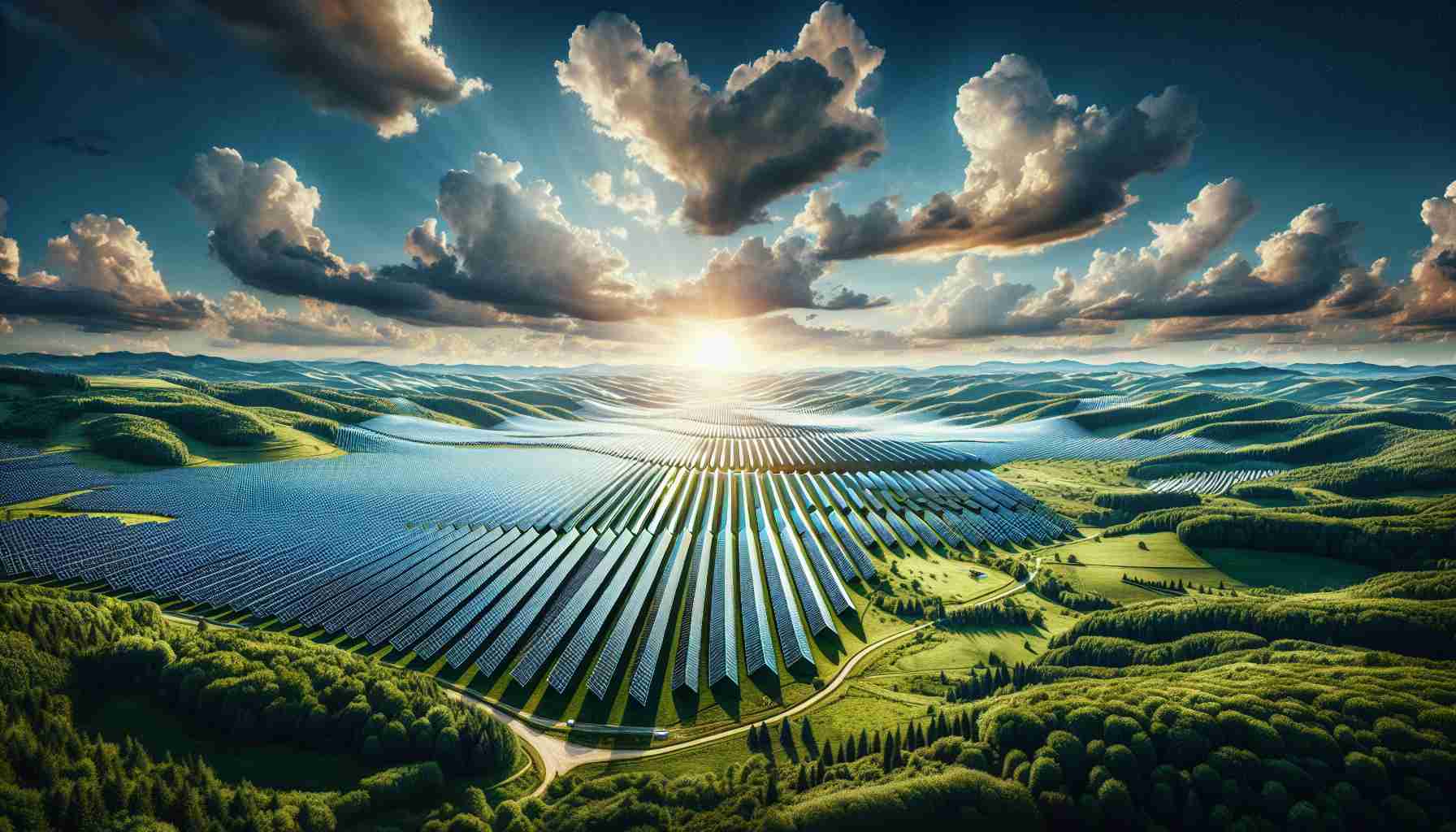 Create a high-definition, realistic image showcasing a grand, new solar energy project situated in the terrains of Romania. The image should highlight the vastness of the solar farm stretching over lush, green fields under a clear, azure sky. The magnitude of the project is such that it radiates the impression of altering the renewable energy landscape. This massive collection of solar panels are a symbol of modern technology aiming to provide green energy, changing the way we perceive and use energy resources.