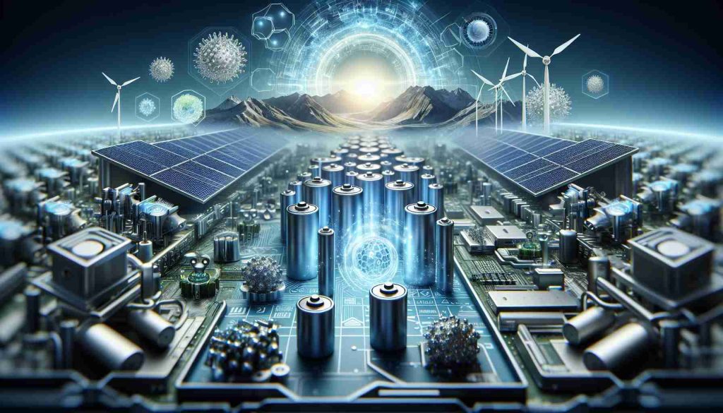 Generate a realistic, high-definition image representing the concept of revolutionizing energy storage through cutting-edge technology. The image could include advanced batteries, nanotechnology components, and high-efficiency solar panels arranged in a futuristic setting, highlighting the progressive advancements in the energy sector.