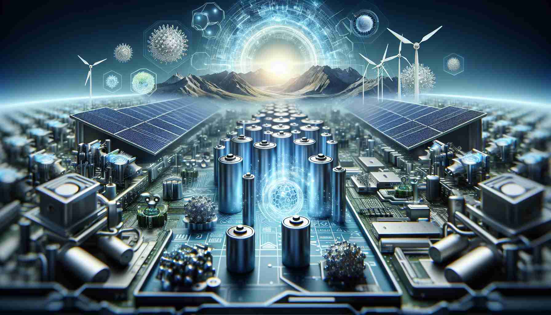 Generate a realistic, high-definition image representing the concept of revolutionizing energy storage through cutting-edge technology. The image could include advanced batteries, nanotechnology components, and high-efficiency solar panels arranged in a futuristic setting, highlighting the progressive advancements in the energy sector.