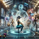 An elaborate, high definition image representing the revolution of the fitness industry via virtual reality. Picture a futuristic gym interior backdrop with all kinds of exercise equipments distributed around. Centre stage, a Hispanic woman with a virtual reality headset on, is seen immersed in a fitness routine while surrounded by 3D holographic projections. To her right, an African man, also in virtual reality gear, engages in a different exercise routine, demonstrating the variety of workout options available. The image should convey a blend of physical reality with the interactive, immersive digital world in high resolution.