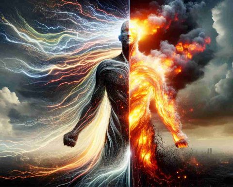 Generate a realistic, high-definition image of a metaphorical concept. Show a towering figure made of a dynamic blend of electricity and fire, symbolizing an energy giant. The figure is split down the middle with one side flourishing, vibrant and full of life, reflecting prosperity and good fortune. The other side is seen struggling with dim lights and fading fire, representing misfortunes. The background must hint towards an uncertain future with a mixture of stormy and clear skies. Add in the text 'Energy Giant Faces Mixed Fortunes: What’s Next?' on the image.