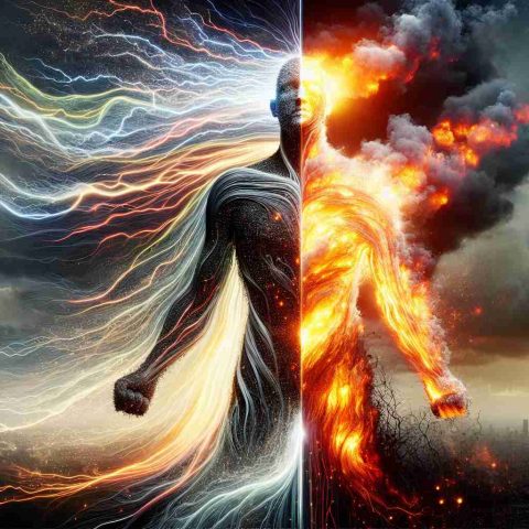 Generate a realistic, high-definition image of a metaphorical concept. Show a towering figure made of a dynamic blend of electricity and fire, symbolizing an energy giant. The figure is split down the middle with one side flourishing, vibrant and full of life, reflecting prosperity and good fortune. The other side is seen struggling with dim lights and fading fire, representing misfortunes. The background must hint towards an uncertain future with a mixture of stormy and clear skies. Add in the text 'Energy Giant Faces Mixed Fortunes: What’s Next?' on the image.