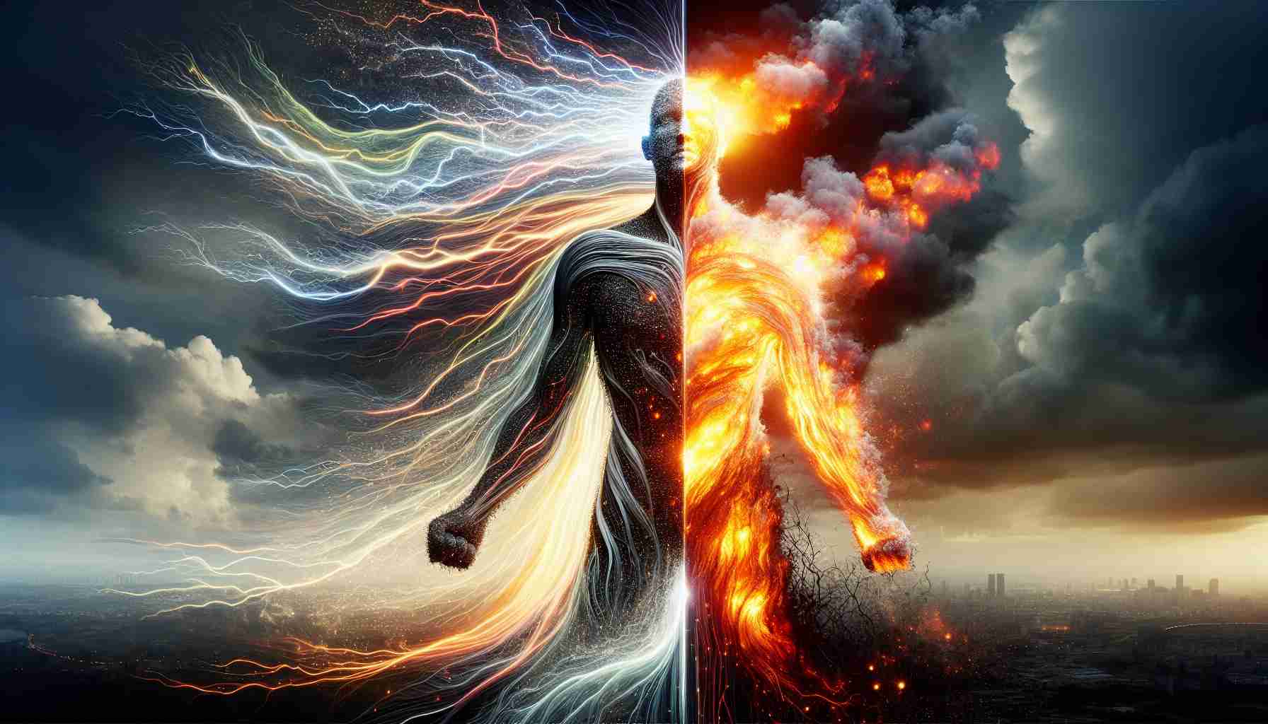 Generate a realistic, high-definition image of a metaphorical concept. Show a towering figure made of a dynamic blend of electricity and fire, symbolizing an energy giant. The figure is split down the middle with one side flourishing, vibrant and full of life, reflecting prosperity and good fortune. The other side is seen struggling with dim lights and fading fire, representing misfortunes. The background must hint towards an uncertain future with a mixture of stormy and clear skies. Add in the text 'Energy Giant Faces Mixed Fortunes: What’s Next?' on the image.