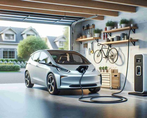 Create a high-definition and realistic image representing the concept of having an electric vehicle (EV) charger installed at home. The illustration should depict a spacious garage with a modern electric car parked, connected to a sleek, wall-mounted EV charger. Add some common garage items in the background like tool boxes, bicycle etc. for added realism. The image should convey a sense of convenience, modernity and sustainability, highlighting the fact that a home EV charger can be a game-changer, making electric vehicle ownership much more feasible and practical.