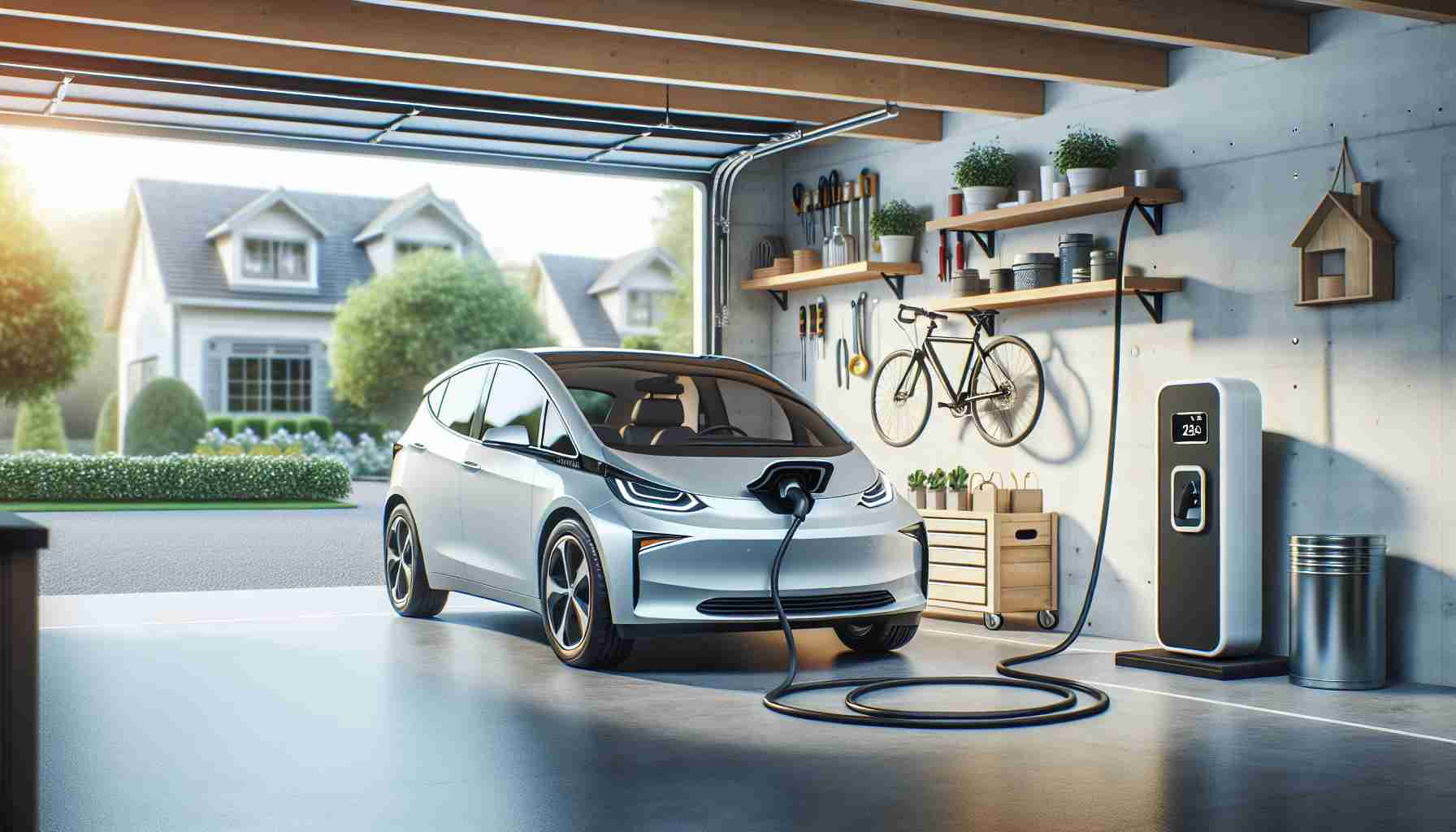 Create a high-definition and realistic image representing the concept of having an electric vehicle (EV) charger installed at home. The illustration should depict a spacious garage with a modern electric car parked, connected to a sleek, wall-mounted EV charger. Add some common garage items in the background like tool boxes, bicycle etc. for added realism. The image should convey a sense of convenience, modernity and sustainability, highlighting the fact that a home EV charger can be a game-changer, making electric vehicle ownership much more feasible and practical.