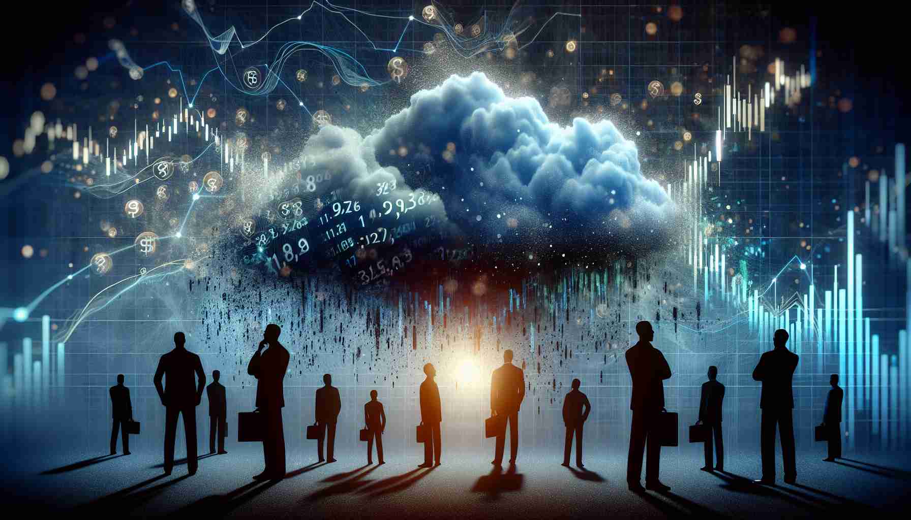 A high-definition, realistic representation of the concept of the Indian stock market experiencing turbulence, with investors on edge. This could be illustrated with stock market indicators in the shape of a stormy sky, or a turbulent sea, while the silhouette of worried investors looking at the stormy indicators, a symbolic representation of their on-edge feelings. Minor details such as particles, textures, and shading can be used to enhance the depiction of this complex, abstract concept.