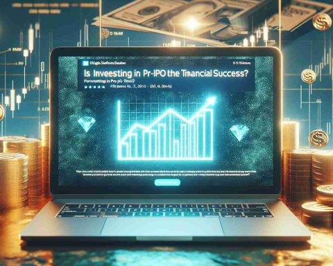 High Definition image of a laptop screen displaying an article titled 'Is Investing in Pre-IPO Stock the Secret to Financial Success?', with an aesthetically pleasing background that would suggest affluence and success, such as gold bars or a luxury yacht in the ocean.