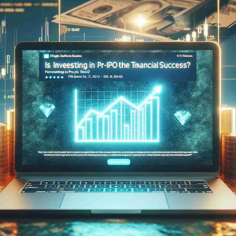 High Definition image of a laptop screen displaying an article titled 'Is Investing in Pre-IPO Stock the Secret to Financial Success?', with an aesthetically pleasing background that would suggest affluence and success, such as gold bars or a luxury yacht in the ocean.