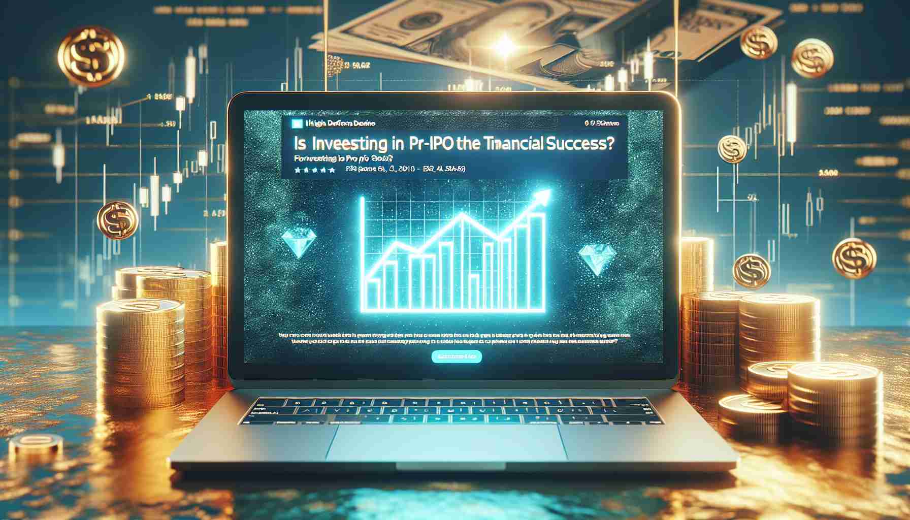 High Definition image of a laptop screen displaying an article titled 'Is Investing in Pre-IPO Stock the Secret to Financial Success?', with an aesthetically pleasing background that would suggest affluence and success, such as gold bars or a luxury yacht in the ocean.