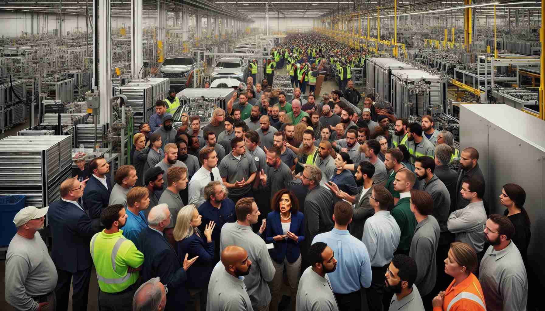 A highly detailed, high-definition photo of an unfolding dispute at an electric vehicle battery plant located in a Michigan township. The scene captures a mix of employees and management, each group with a diverse range of people. Men and women, both Caucasian and Hispanic, can be seen engaged in intense conversations amidst the high-tech battery assembly lines. Caucasian and Black employees are spotted holding banners voicing their concerns. A Middle-Eastern woman in a managerial role can be seen attempting to calm the situation.