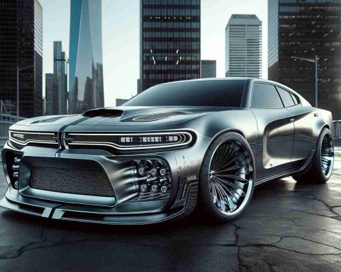 A realistic HD photo of a future concept design of a muscle car. The car's design should take inspiration from traditional muscle cars, with specific features revolutionized for futuristic appeal. One key point of inspiration should be the classic design elements found in cars like the Dodge Charger, including a bold and imposing front grille, a wide and low body structure, and powerful wheel arches. The design modifications should represent a futuristic approach to these classic elements. The photo should be set in an urban environment with skyscrapers in the background.