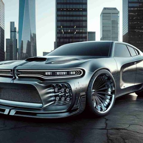 A realistic HD photo of a future concept design of a muscle car. The car's design should take inspiration from traditional muscle cars, with specific features revolutionized for futuristic appeal. One key point of inspiration should be the classic design elements found in cars like the Dodge Charger, including a bold and imposing front grille, a wide and low body structure, and powerful wheel arches. The design modifications should represent a futuristic approach to these classic elements. The photo should be set in an urban environment with skyscrapers in the background.