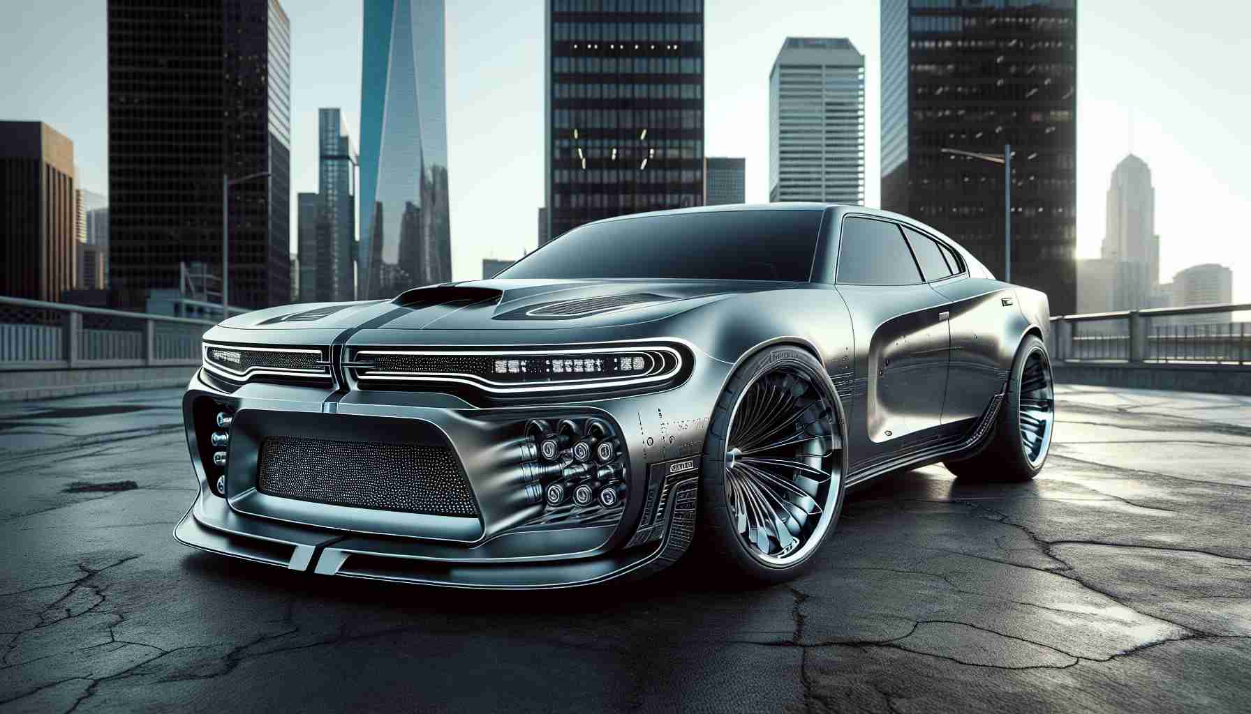 A realistic HD photo of a future concept design of a muscle car. The car's design should take inspiration from traditional muscle cars, with specific features revolutionized for futuristic appeal. One key point of inspiration should be the classic design elements found in cars like the Dodge Charger, including a bold and imposing front grille, a wide and low body structure, and powerful wheel arches. The design modifications should represent a futuristic approach to these classic elements. The photo should be set in an urban environment with skyscrapers in the background.