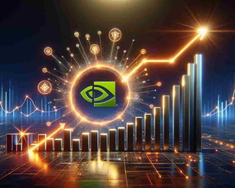 Realistic high-definition image of a conceptual visual metaphor for an AI technology company potentially surpassing Nvidia in performance. Include jumping bar graphs, glowing neon lines representing trends, a shining star symbolizing the emerging company, and a setting sun behind a slightly dimmed symbol representing Nvidia.