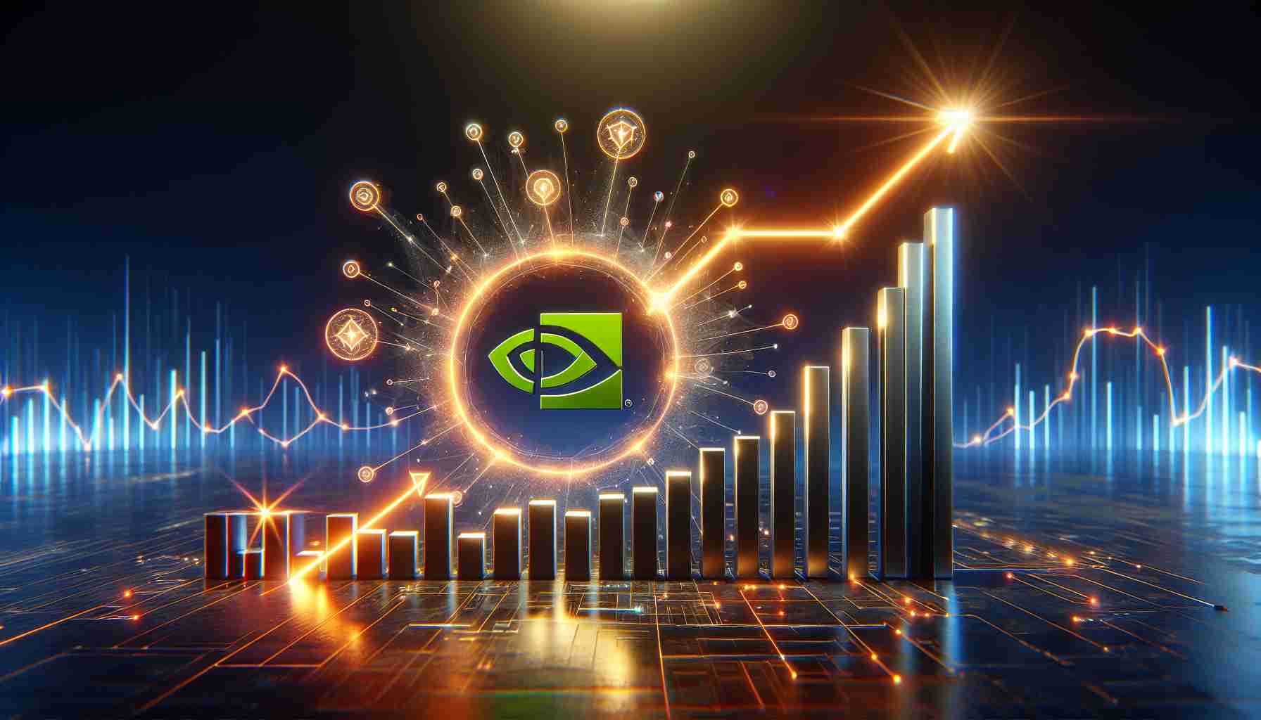 Realistic high-definition image of a conceptual visual metaphor for an AI technology company potentially surpassing Nvidia in performance. Include jumping bar graphs, glowing neon lines representing trends, a shining star symbolizing the emerging company, and a setting sun behind a slightly dimmed symbol representing Nvidia.