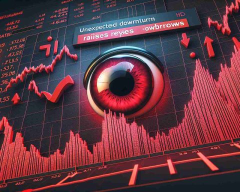 Generate a realistic HD image displaying the metaphorical representation of a major stock decrease. This scenario can be depicted as a large graph in red, with a significant dip to symbolize the unexpected falling of a telecommunications company's stock value. Include the text 'Unexpected Downturn Raises Eyebrows' on the graph, indicating the surprise and concern it has caused.