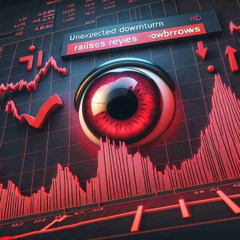 Generate a realistic HD image displaying the metaphorical representation of a major stock decrease. This scenario can be depicted as a large graph in red, with a significant dip to symbolize the unexpected falling of a telecommunications company's stock value. Include the text 'Unexpected Downturn Raises Eyebrows' on the graph, indicating the surprise and concern it has caused.