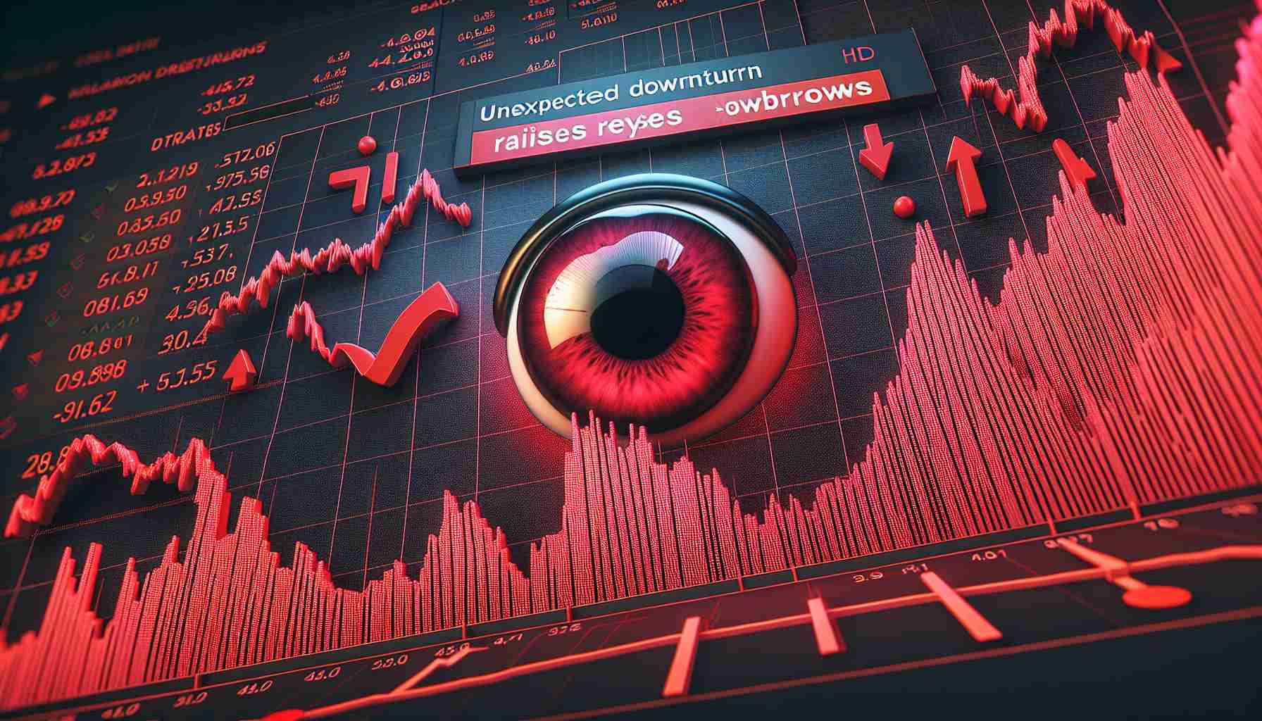 Generate a realistic HD image displaying the metaphorical representation of a major stock decrease. This scenario can be depicted as a large graph in red, with a significant dip to symbolize the unexpected falling of a telecommunications company's stock value. Include the text 'Unexpected Downturn Raises Eyebrows' on the graph, indicating the surprise and concern it has caused.