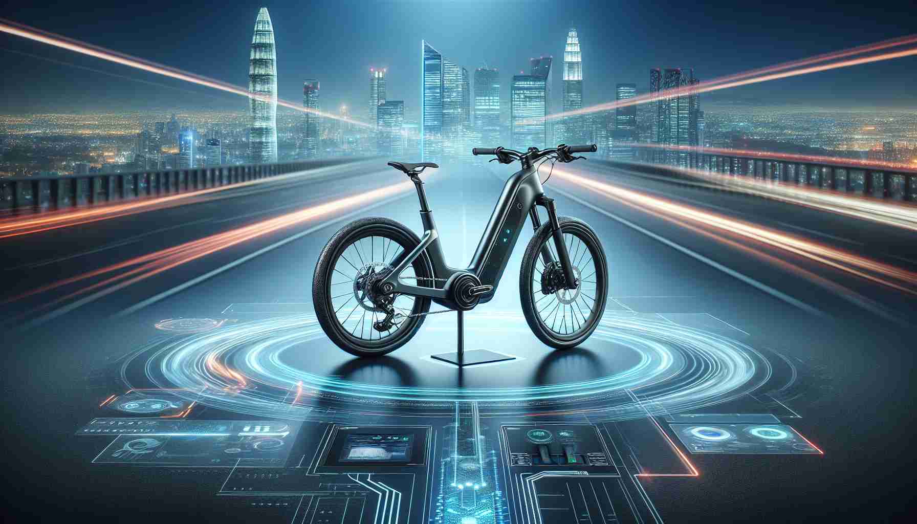 Create a highly realistic, HD image depicting the future of transportation, with a focus on innovations in the field of electric bike technology. The scene shows a slick, thoughtfully-designed electric bike standing in the center. The electric bike should exhibit advanced features demonstrating cutting-edge technology like high-tech LED lighting, regenerative braking, and a digital monitor. The background of the image represents a modern cityscape to signify its utilisation in urban commuting. Let the scene have a forward-thinking and futuristic vibe to it.