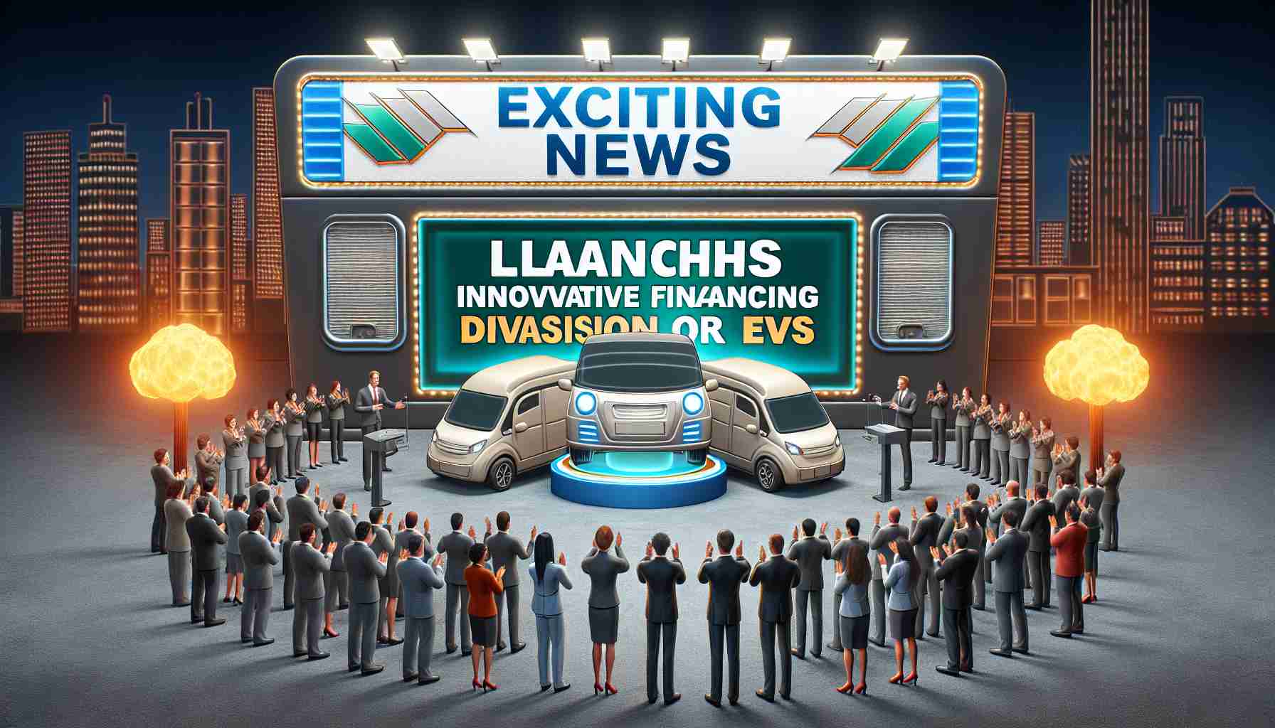 High definition image depicting the thrilling announcement of a major corporation launching a new, innovative financing division specifically for electric vehicles. The scene should include a large banner with the words 'Exciting News: Mega Corporation Ltd Launches Innovative Financing Division for EVs', a backdrop with the logo of a nondescript corporation, and a crowd of diverse people showing various reactions of anticipation and excitement.