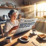 Create a realistic, high-definition image depicting a newspaper headline that reads 'Shocking Revelations About the Future of Autonomous Driving'. The context of the image is a morning breakfast scene with a middle-aged Hispanic woman in her kitchen, reading the news. The newspaper is spread out on the kitchen table, revealing the aforementioned headline. The details around the scene include a cup of coffee, a half-eaten toast, and a small vase with flowers. The morning sun rays peep through the window, illuminating the room.