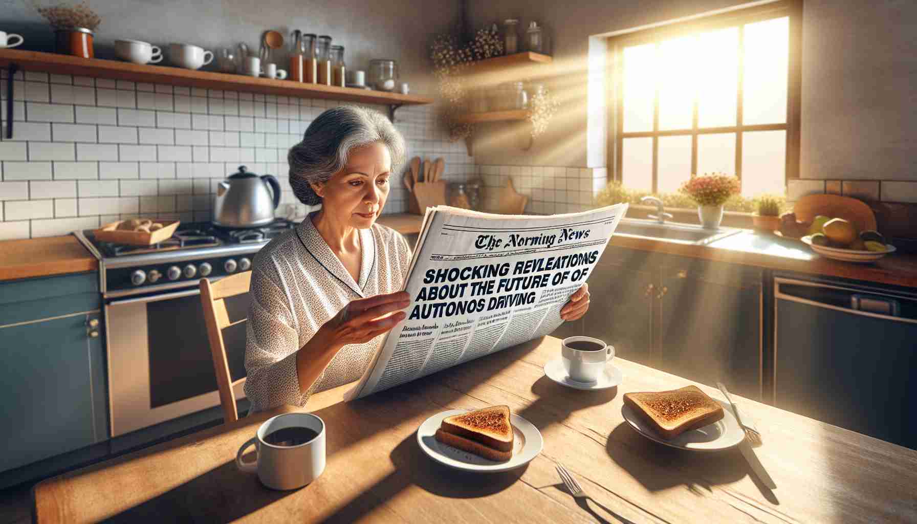 Create a realistic, high-definition image depicting a newspaper headline that reads 'Shocking Revelations About the Future of Autonomous Driving'. The context of the image is a morning breakfast scene with a middle-aged Hispanic woman in her kitchen, reading the news. The newspaper is spread out on the kitchen table, revealing the aforementioned headline. The details around the scene include a cup of coffee, a half-eaten toast, and a small vase with flowers. The morning sun rays peep through the window, illuminating the room.