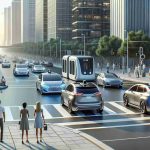 A high-definition, realistic rendering of a metropolitan streetscape showing the future of autonomous vehicles. Include a traffic scene where several driverless cars are operating safely and efficiently. They may be electric, self-driving cars varying in size and color. The setting should be in daytime with clear weather. Nearby, some pedestrians of diverse genders and descents - Caucasian, South Asian, Hispanic, Black, and Middle-Eastern - are interacting with these vehicles at crosswalks or on pavements, viewing them curiously, or using them to commute.