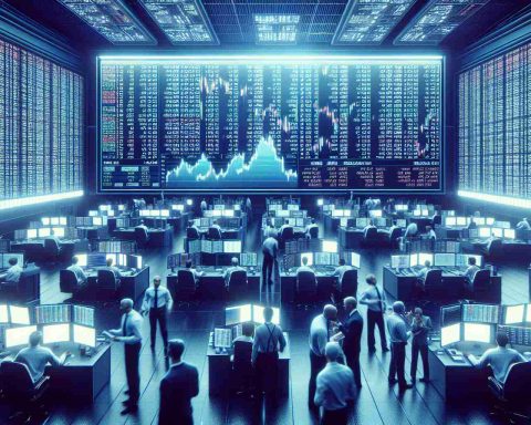 Generate a hyper-realistic HD image displaying the behind-the-scenes operations of a stock exchange. The scene should include multiple dynamic components such as a large electronic board showing changing stock prices, brokers of various descents engaging in conversations, and high-speed computers processing voluminous data. Capture the intensity, high stakes, and rapid pace that are inherent to these financial powerhouses.